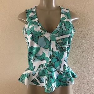 Zara Peplum Tropical Floral Print Top Green S